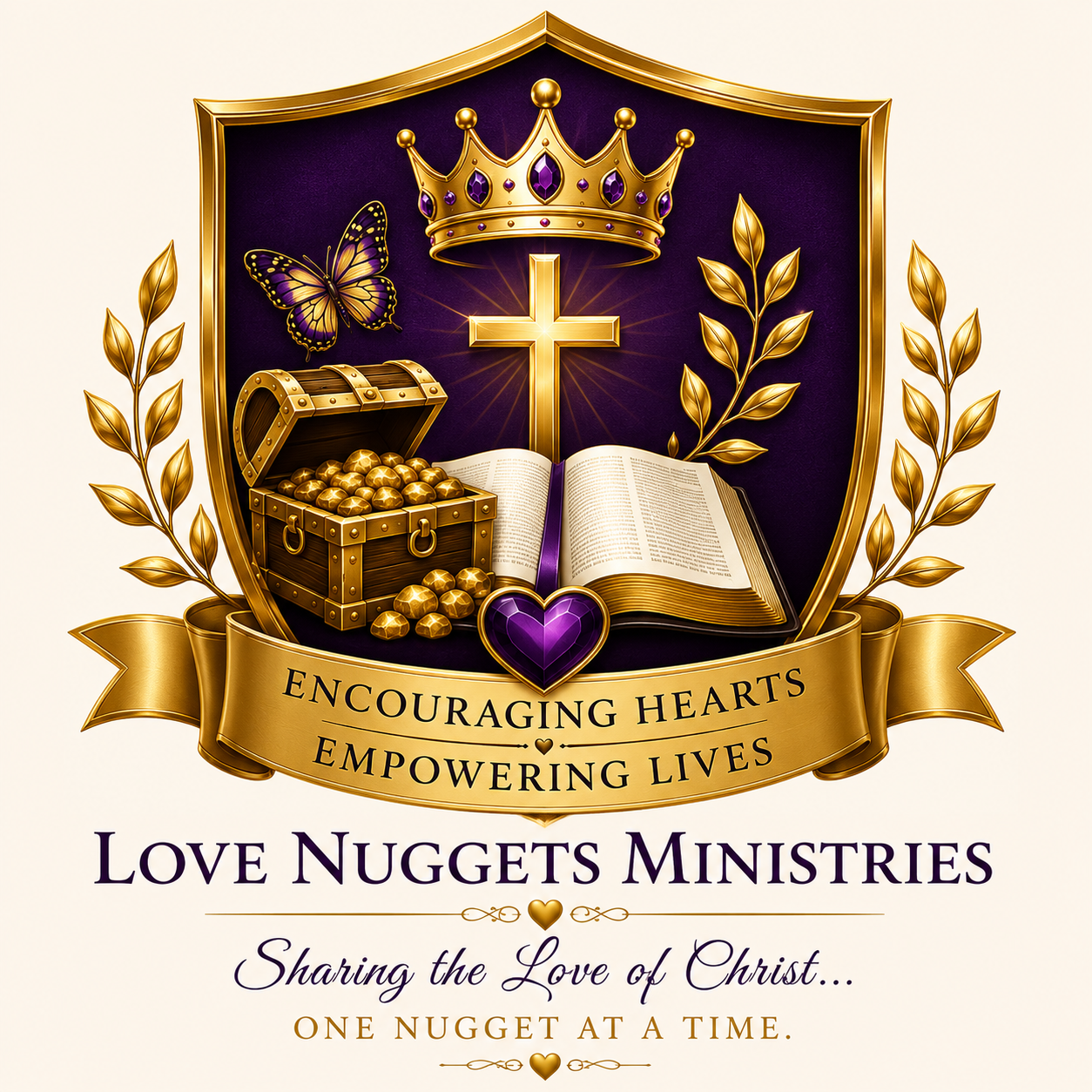 Love Nuggets Ministries crest with crown, cross, Bible, treasure chest, butterfly, and heart